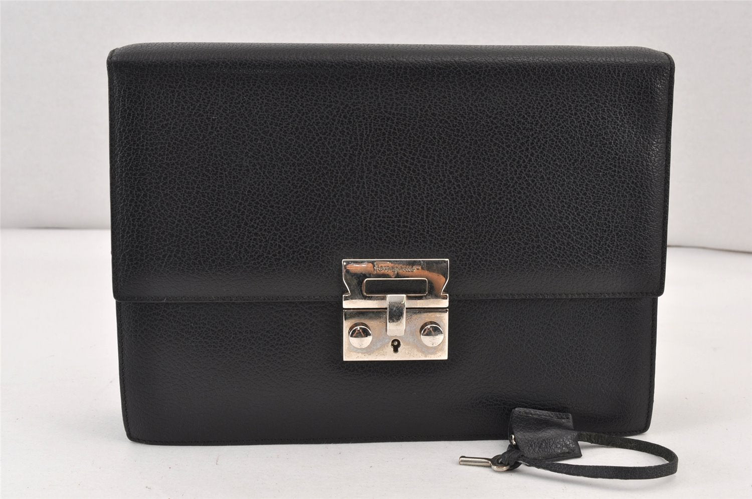 Authentic Salvatore Ferragamo Vintage Leather Clutch Hand Bag Purse Black 1341K