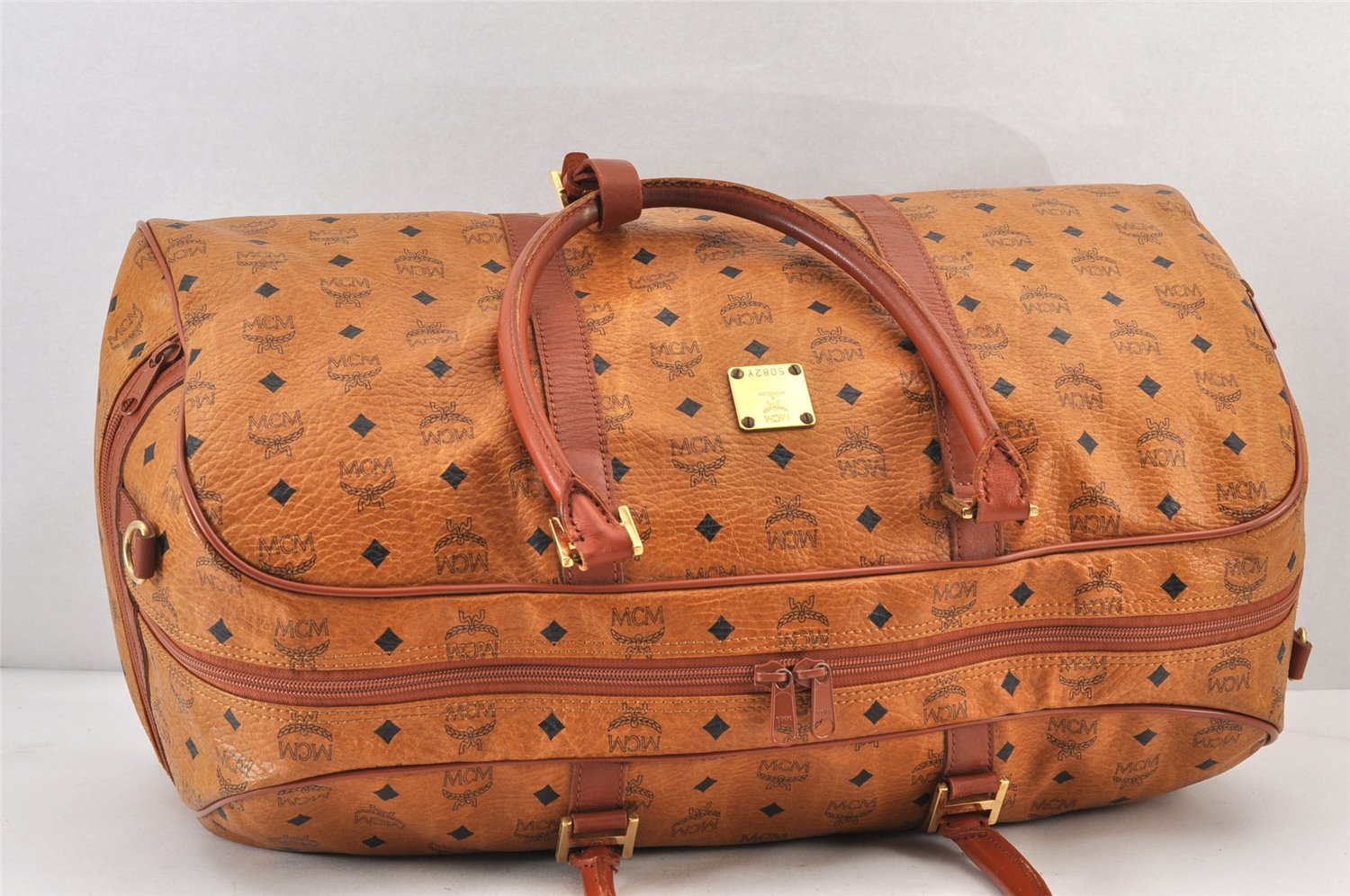 Authentic MCM Visetos Leather 2Way Travel Shoulder Boston Bag Brown 1343K