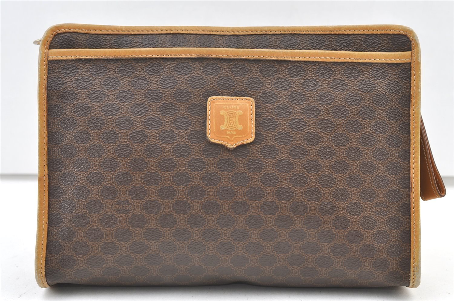 Authentic CELINE Macadam Blason Pattern Clutch Hand Bag PVC Leather Brown 1344K