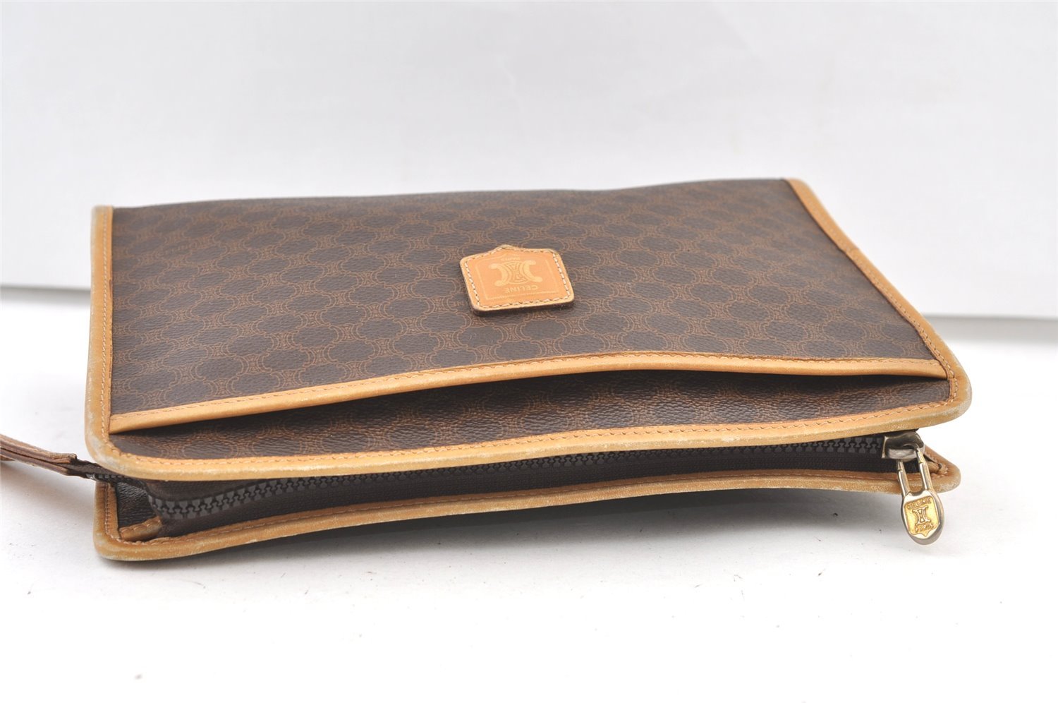 Authentic CELINE Macadam Blason Pattern Clutch Hand Bag PVC Leather Brown 1344K