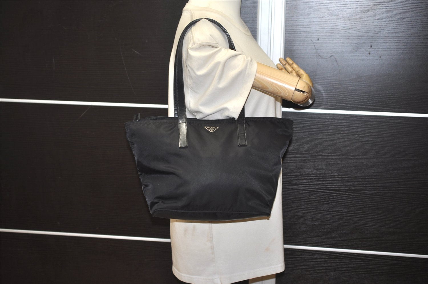 Authentic PRADA Vintage Nylon Leather Shoulder Tote Bag Black 1345K