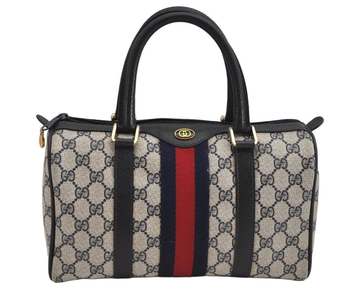 Authentic GUCCI Sherry Line Hand Boston Bag GG PVC Leather Navy Blue Junk 1346K