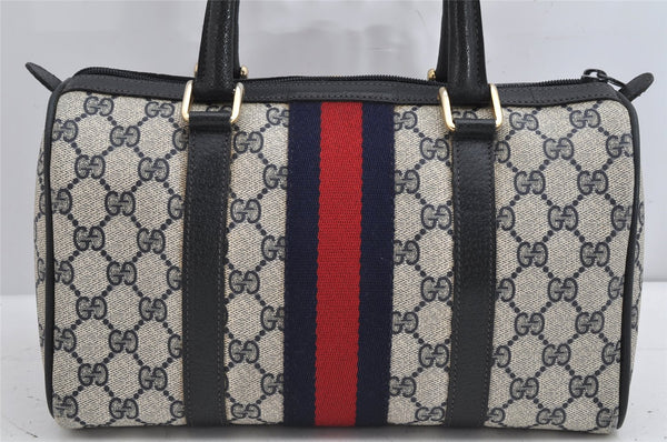 Authentic GUCCI Sherry Line Hand Boston Bag GG PVC Leather Navy Blue Junk 1346K