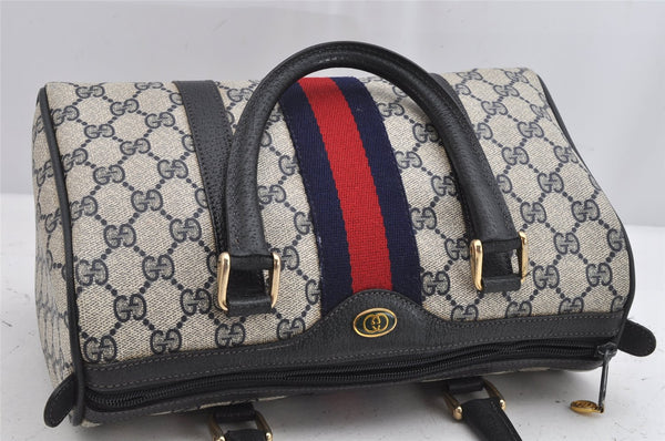 Authentic GUCCI Sherry Line Hand Boston Bag GG PVC Leather Navy Blue Junk 1346K