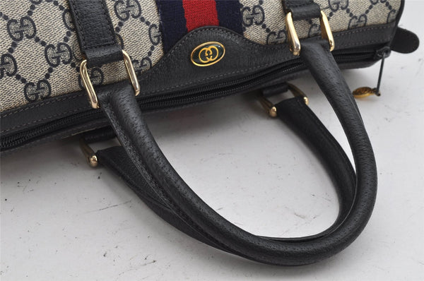 Authentic GUCCI Sherry Line Hand Boston Bag GG PVC Leather Navy Blue Junk 1346K