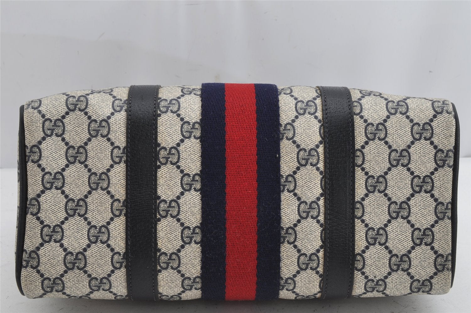 Authentic GUCCI Sherry Line Hand Boston Bag GG PVC Leather Navy Blue Junk 1346K