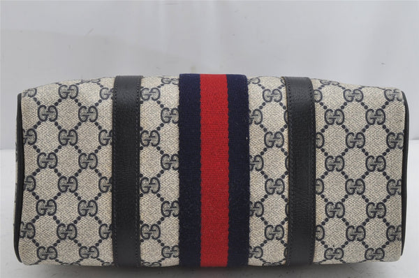 Authentic GUCCI Sherry Line Hand Boston Bag GG PVC Leather Navy Blue Junk 1346K