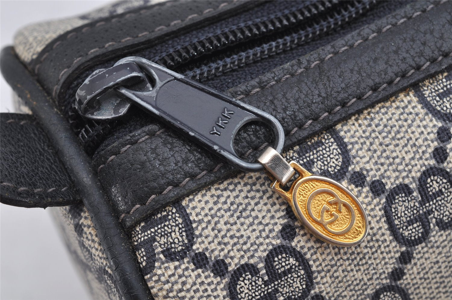 Authentic GUCCI Sherry Line Hand Boston Bag GG PVC Leather Navy Blue Junk 1346K