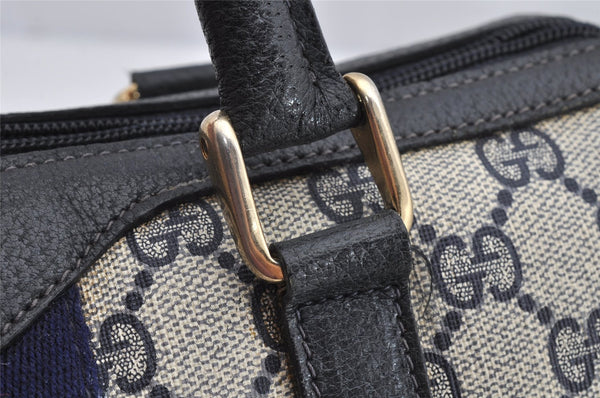 Authentic GUCCI Sherry Line Hand Boston Bag GG PVC Leather Navy Blue Junk 1346K