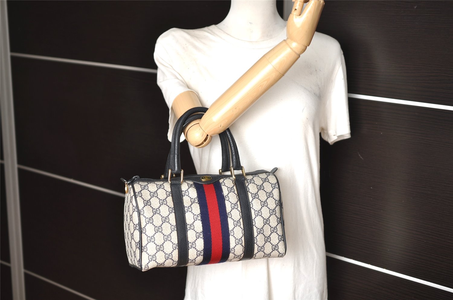 Authentic GUCCI Sherry Line Hand Boston Bag GG PVC Leather Navy Blue Junk 1346K