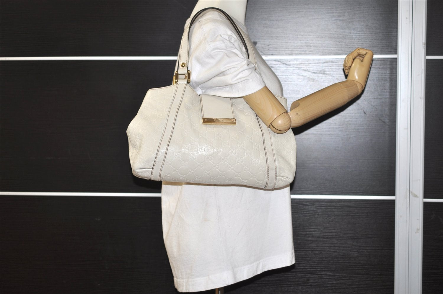 Authentic GUCCI Guccissima Shoulder Hand Tote Bag GG Leather 211937 White 1350I