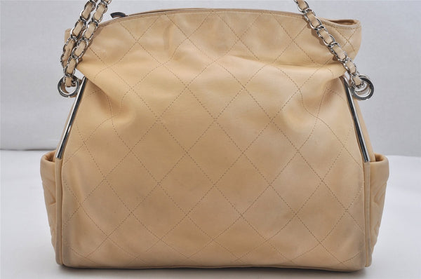 Authentic CHANEL Lamb Skin Matelasse Chain Shoulder Hand Bag Beige CC Logo 1353K