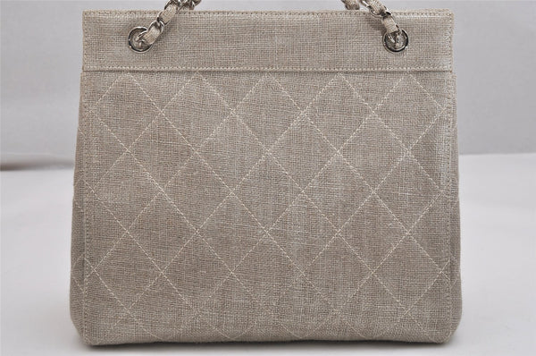 Authentic CHANEL Straw Matelasse Turnlock Chain Shoulder Tote Bag Silver 1354K