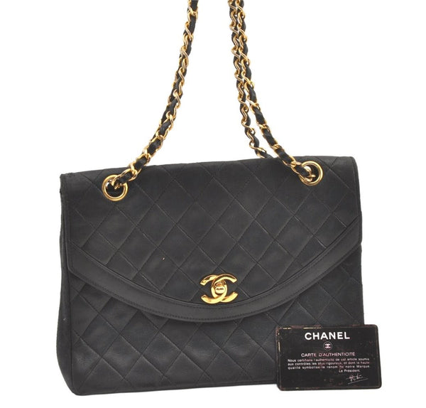 Authentic CHANEL Lamb Skin Turnlock Matelasse Chain Shoulder Bag Black 1355K