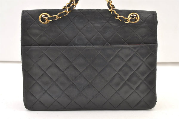 Authentic CHANEL Lamb Skin Turnlock Matelasse Chain Shoulder Bag Black 1355K