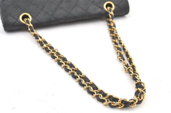 Authentic CHANEL Lamb Skin Turnlock Matelasse Chain Shoulder Bag Black 1355K