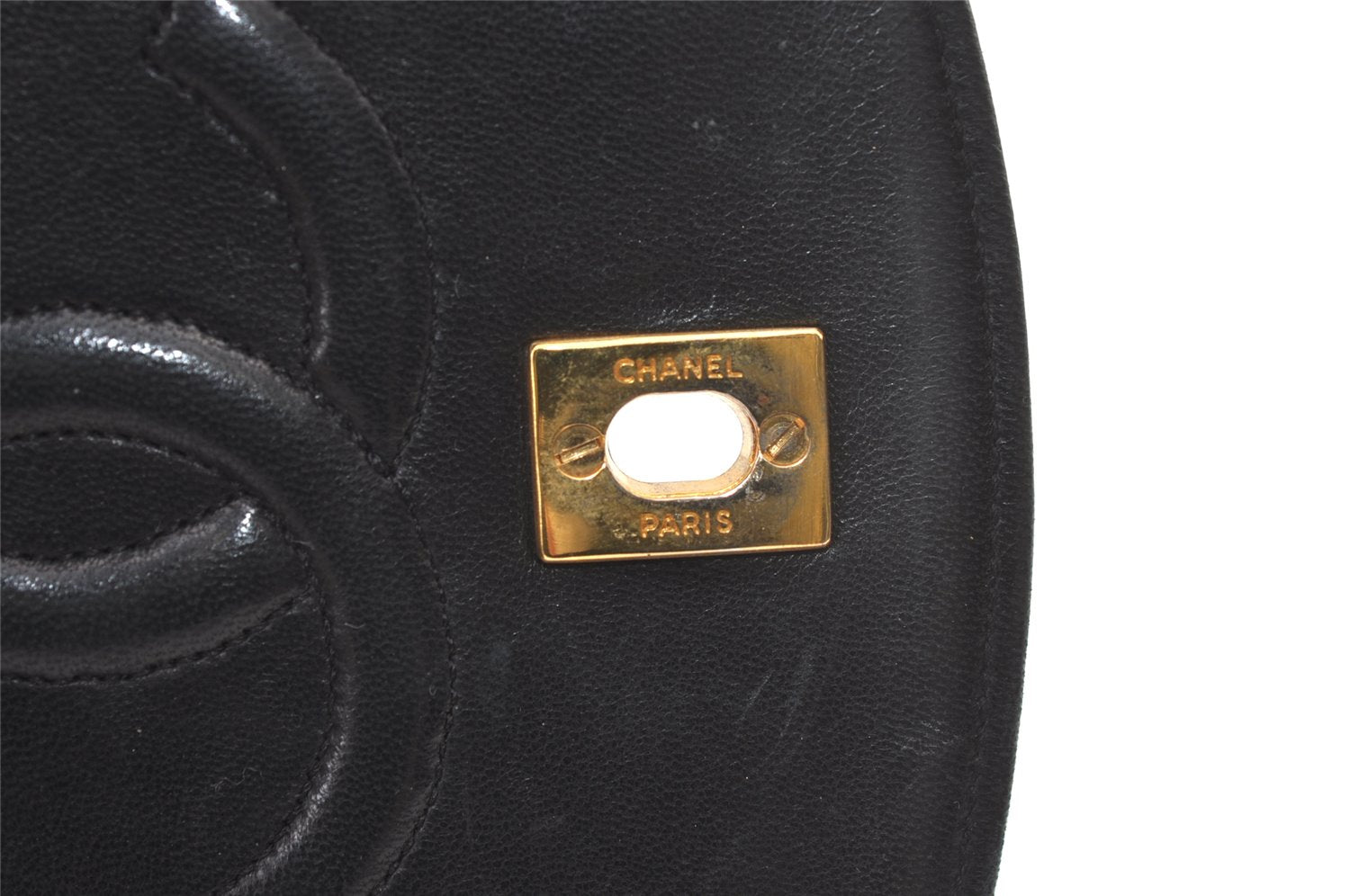 Authentic CHANEL Lamb Skin Turnlock Matelasse Chain Shoulder Bag Black 1355K