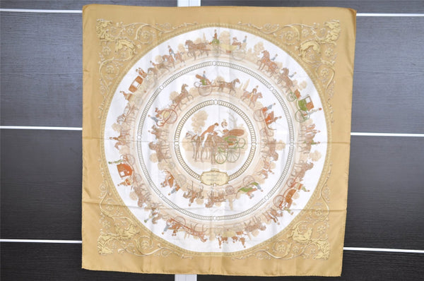 Authentic HERMES Carre 90 Scarf "LA PROMENADE DE LONGCHAMPS" Silk Beige 1359I