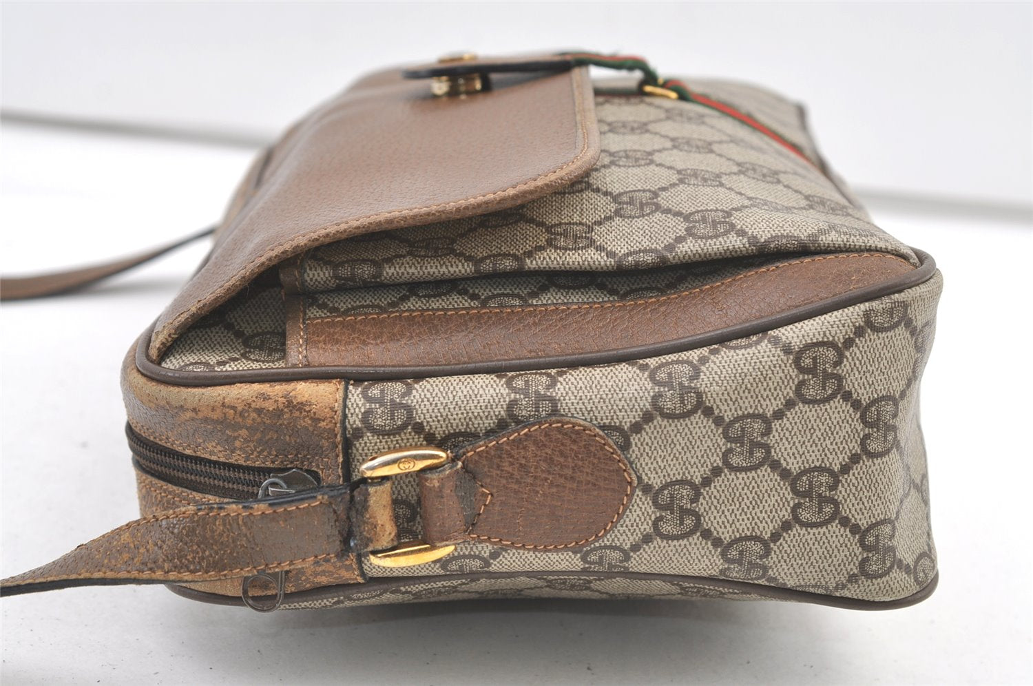 Authentic GUCCI Web Sherry Line Shoulder Bag GG PVC Leather Brown Junk 1365K