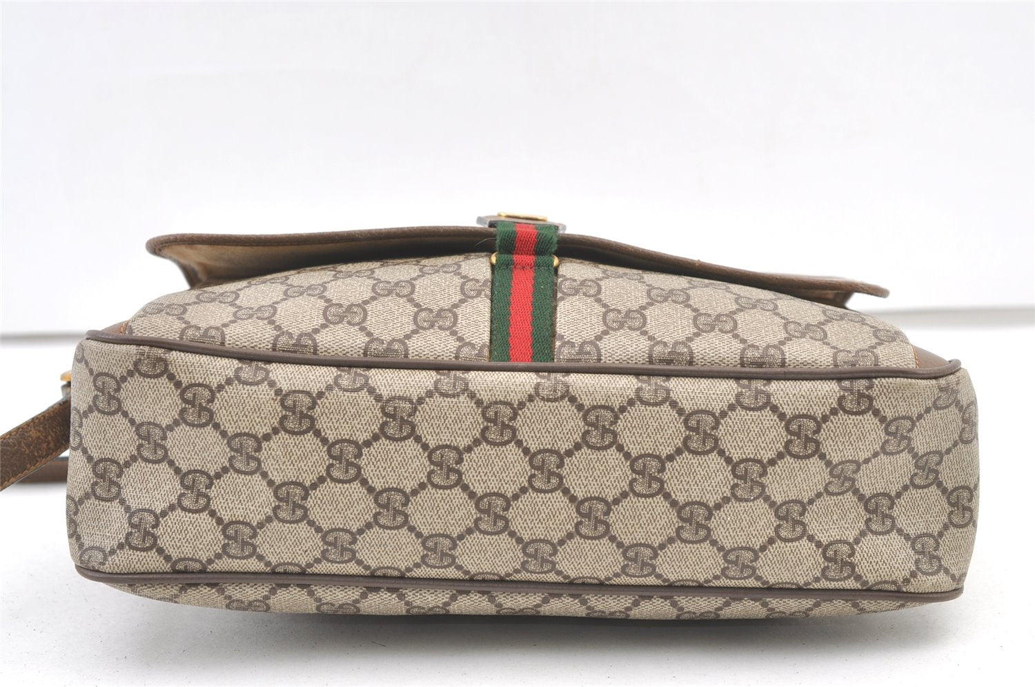 Authentic GUCCI Web Sherry Line Shoulder Bag GG PVC Leather Brown Junk 1365K