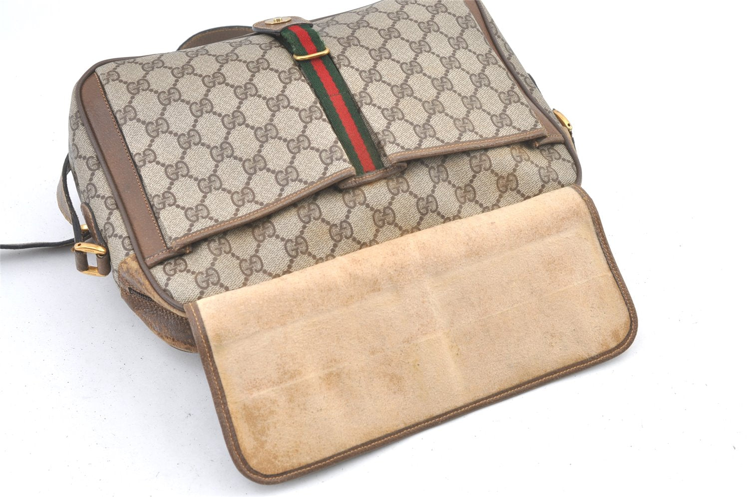 Authentic GUCCI Web Sherry Line Shoulder Bag GG PVC Leather Brown Junk 1365K