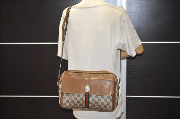 Authentic GUCCI Web Sherry Line Shoulder Bag GG PVC Leather Brown Junk 1365K