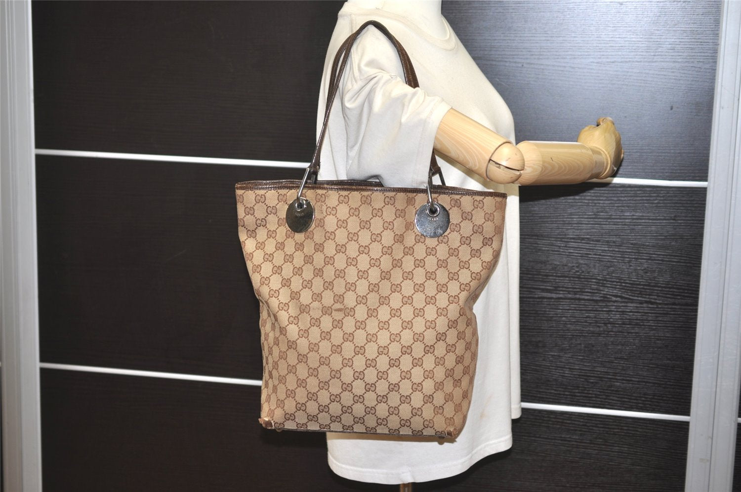 Authentic GUCCI Eclipse Shoulder Tote Bag GG Canvas Leather 120836 Brown 1366K