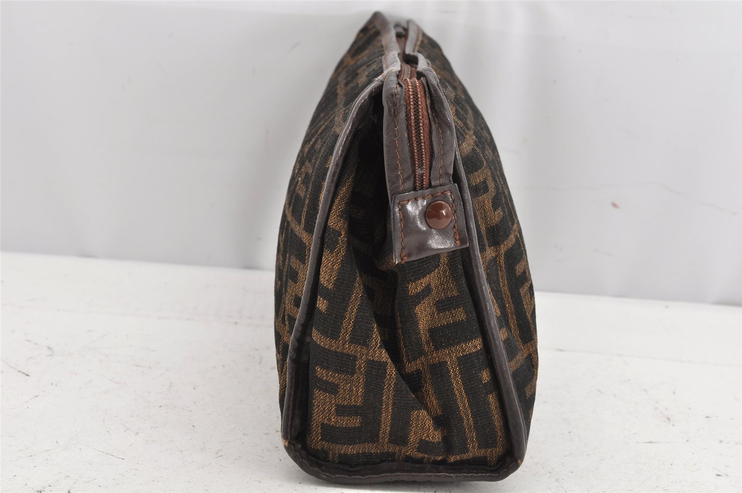 Authentic FENDI Vintage Zucca Clutch Hand Bag Purse Canvas Leather Brown 1377K