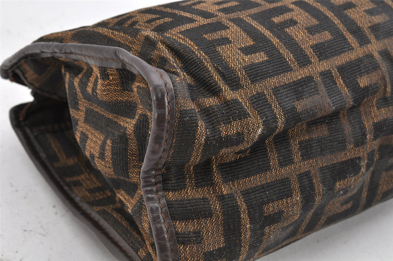 Authentic FENDI Vintage Zucca Clutch Hand Bag Purse Canvas Leather Brown 1377K