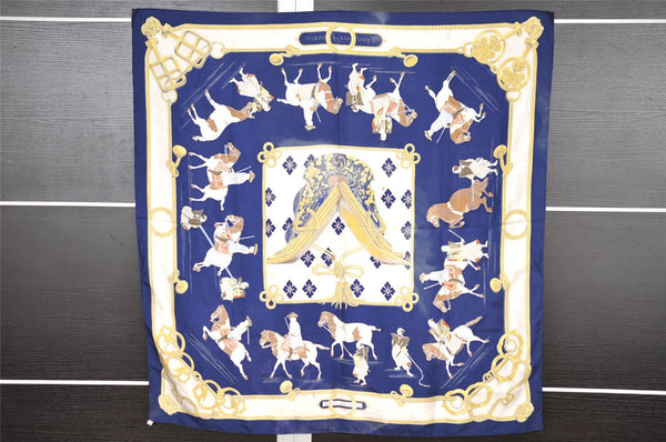 Authentic HERMES Carre 90 Scarf "Equit ion japonaise" Silk Navy 1378I