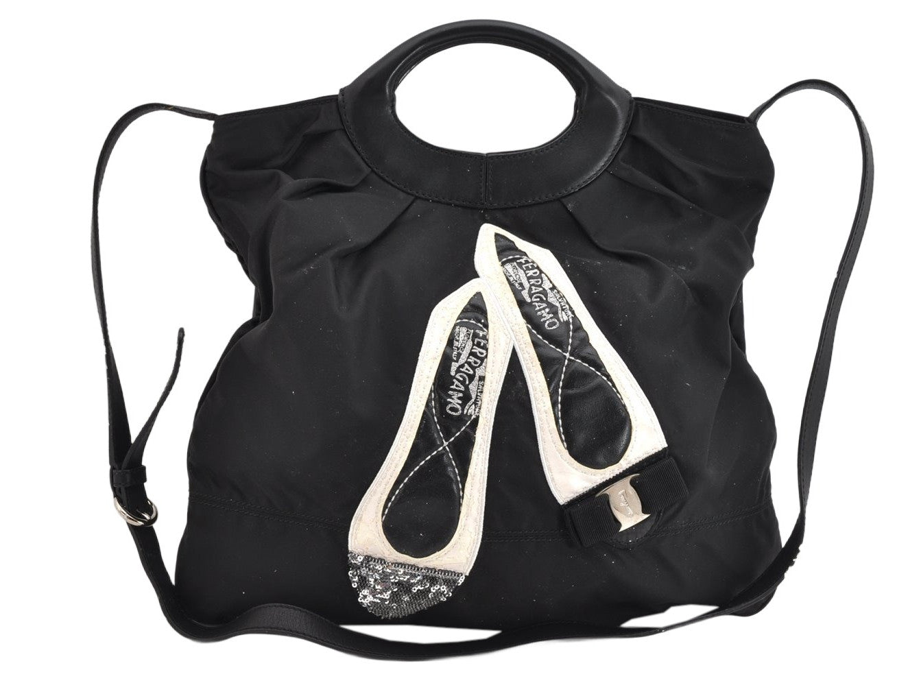 Authentic Salvatore Ferragamo Vara Nylon Leather 2Way Hand Bag Black 1379K