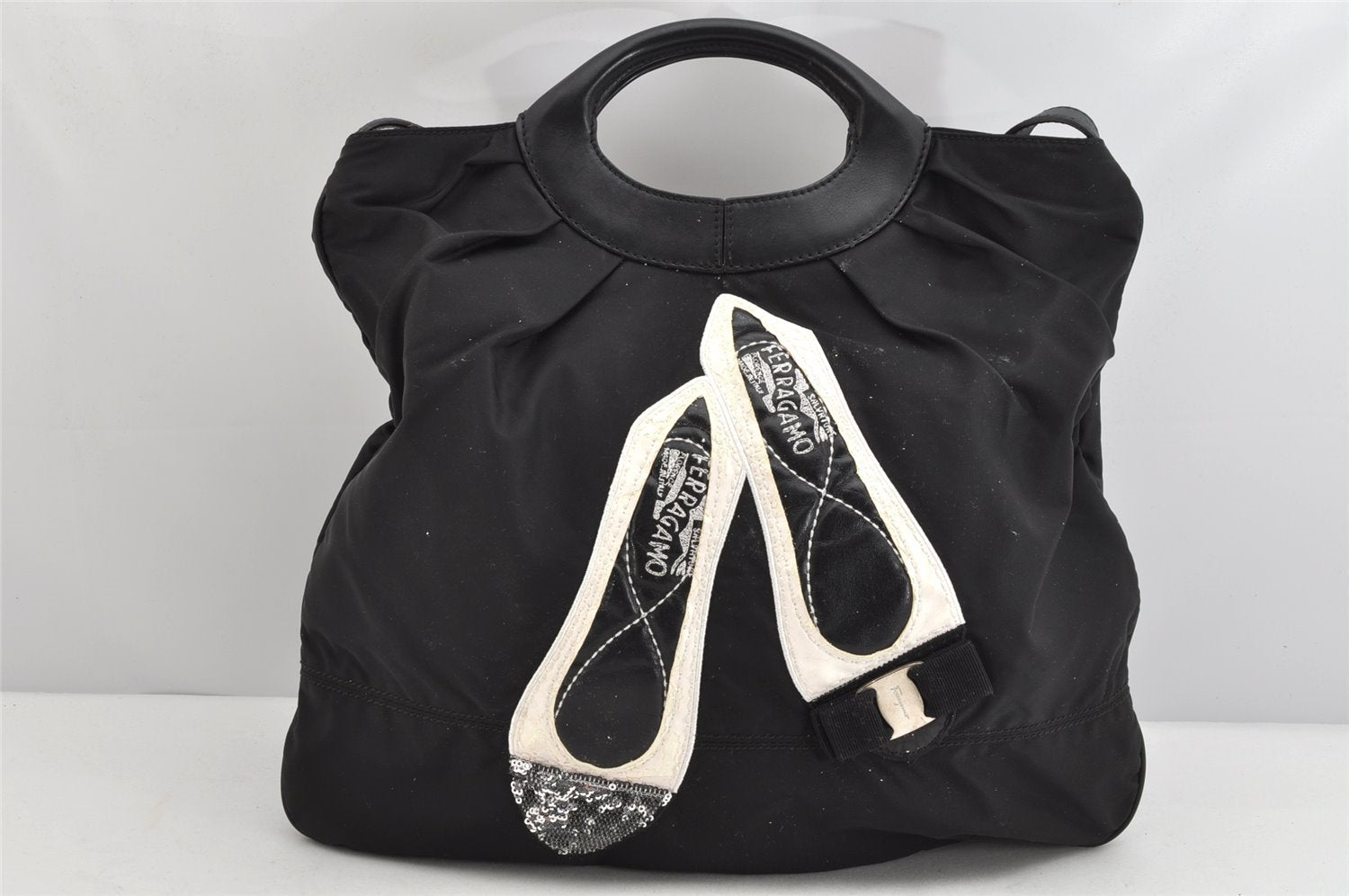 Authentic Salvatore Ferragamo Vara Nylon Leather 2Way Hand Bag Black 1379K