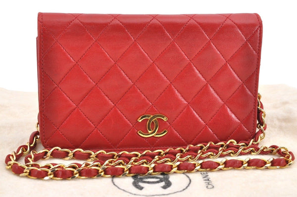 Authentic CHANEL Calf Skin Matelasse Chain Shoulder Crossbody Bag Red Junk 1383M