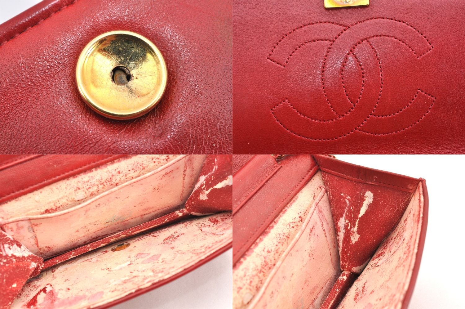 Authentic CHANEL Calf Skin Matelasse Chain Shoulder Crossbody Bag Red Junk 1383M