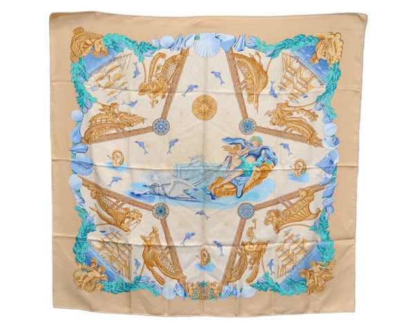 Authentic HERMES Carre 90 Scarf "Balade Oceane" Silk Beige 1386J