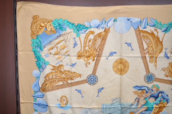 Authentic HERMES Carre 90 Scarf "Balade Oceane" Silk Beige 1386J