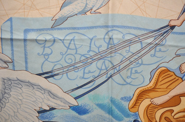 Authentic HERMES Carre 90 Scarf "Balade Oceane" Silk Beige 1386J