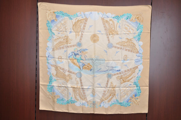 Authentic HERMES Carre 90 Scarf "Balade Oceane" Silk Beige 1386J