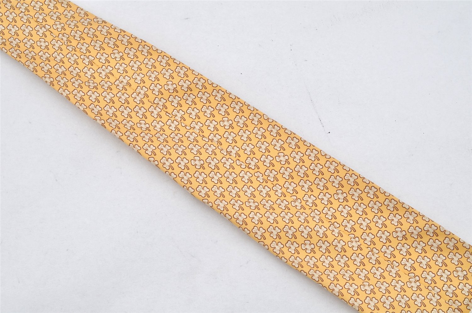 Authentic HERMES Vintage Tie Necktie Clover Pattern Silk 5005EA Yellow 1392I