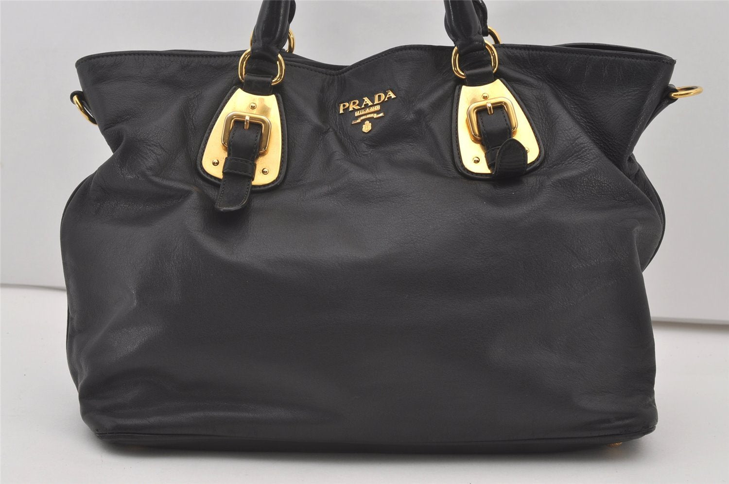 Authentic PRADA Vintage Leather 2Way Shoulder Tote Bag Black 1392J