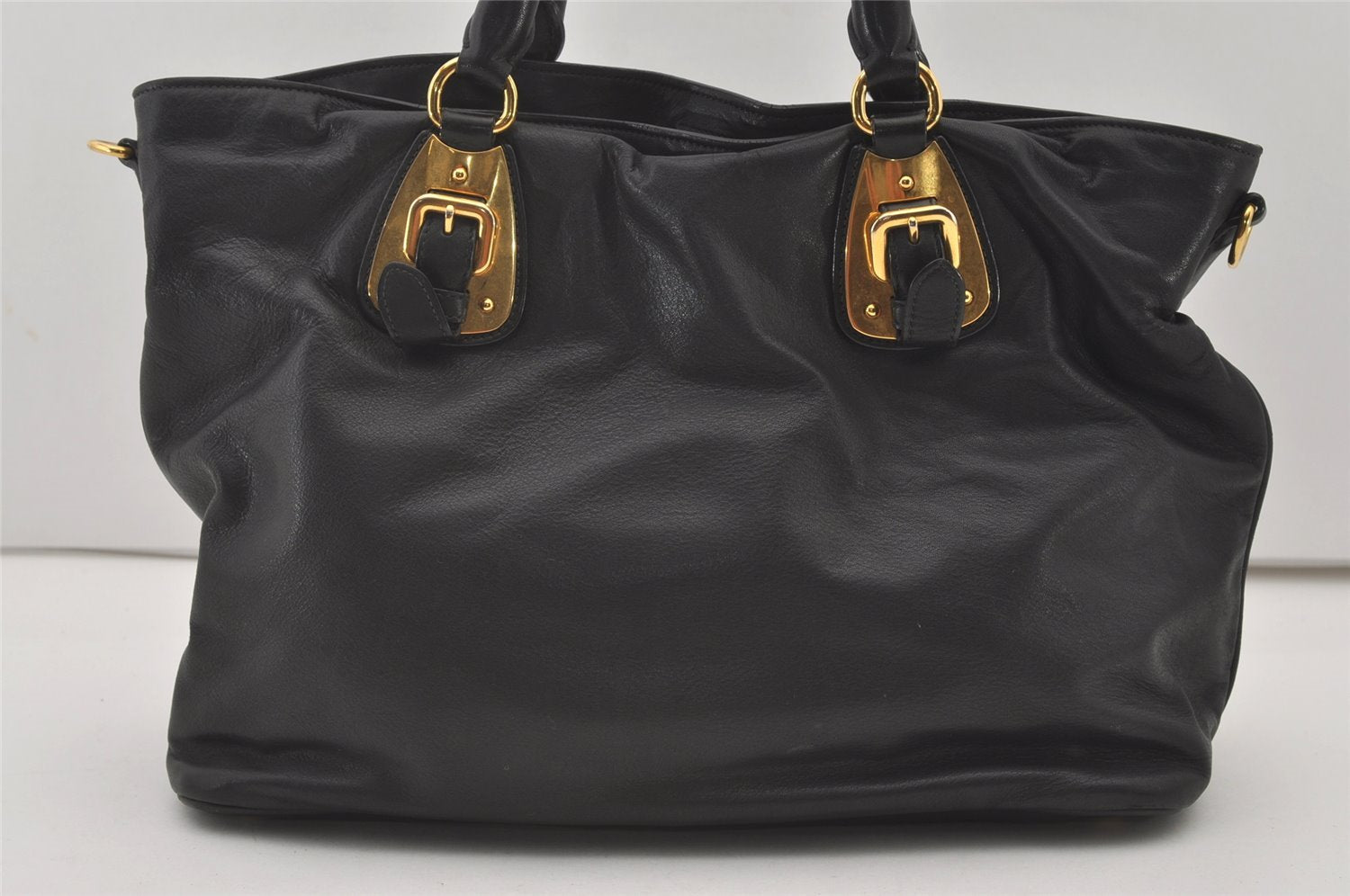 Authentic PRADA Vintage Leather 2Way Shoulder Tote Bag Black 1392J