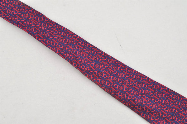 Authentic HERMES Tie Necktie Mors deux Chain Pattern Silk 7192UA Navy Red 1394I