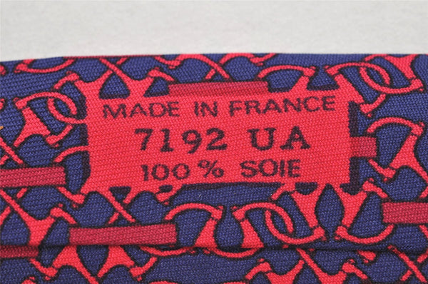 Authentic HERMES Tie Necktie Mors deux Chain Pattern Silk 7192UA Navy Red 1394I