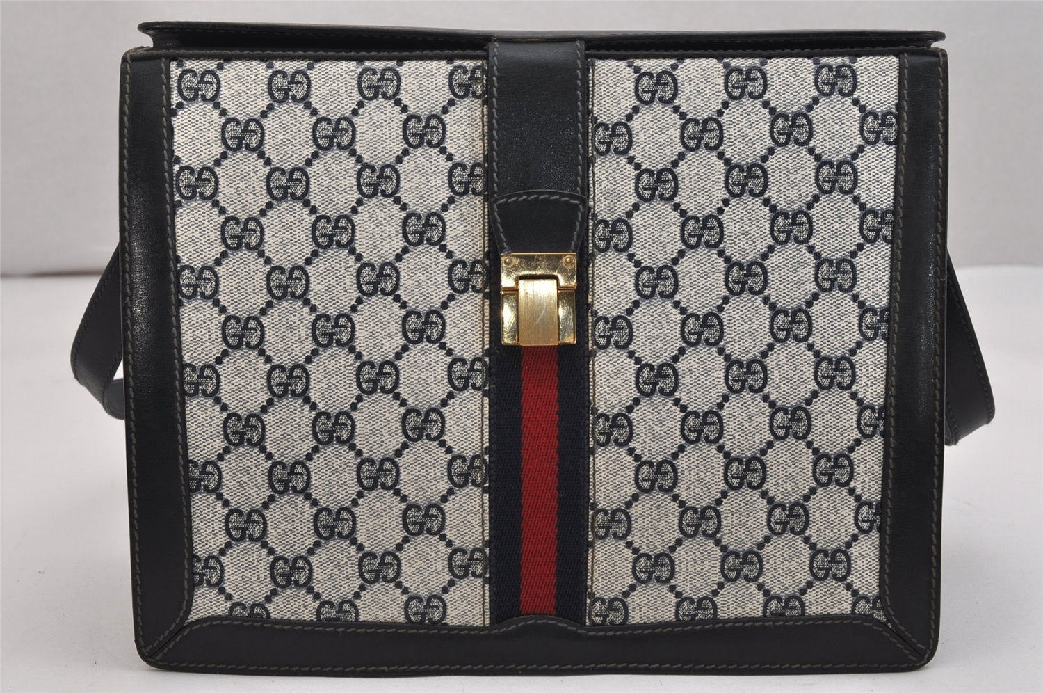 Authentic GUCCI Sherry Line Shoulder Cross Body Bag GG PVC Leather Navy 1395K