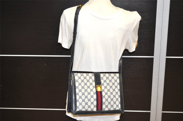 Authentic GUCCI Sherry Line Shoulder Cross Body Bag GG PVC Leather Navy 1395K