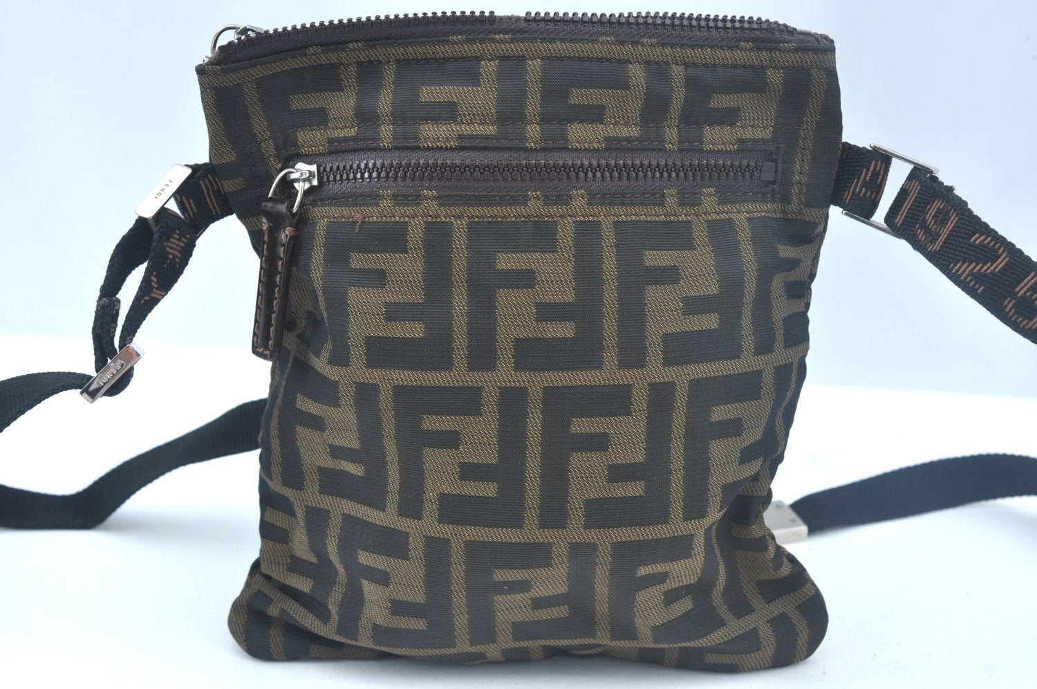 Authentic FENDI Zucca Shoulder Cross Body Bag Nylon Leather Brown Junk 1398J