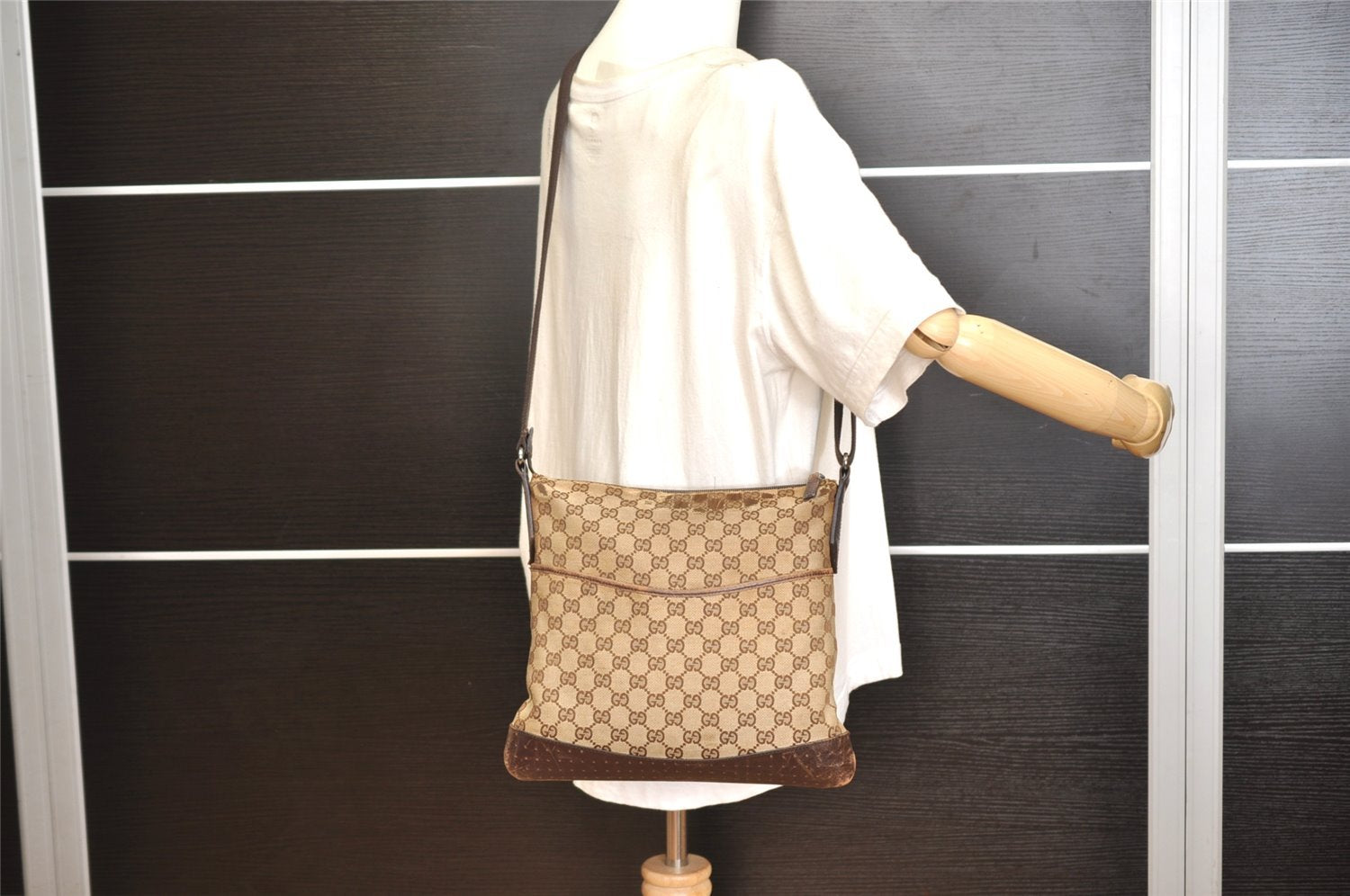 Authentic GUCCI Shoulder Cross Body Bag GG Canvas Leather 145857 Brown 1398K