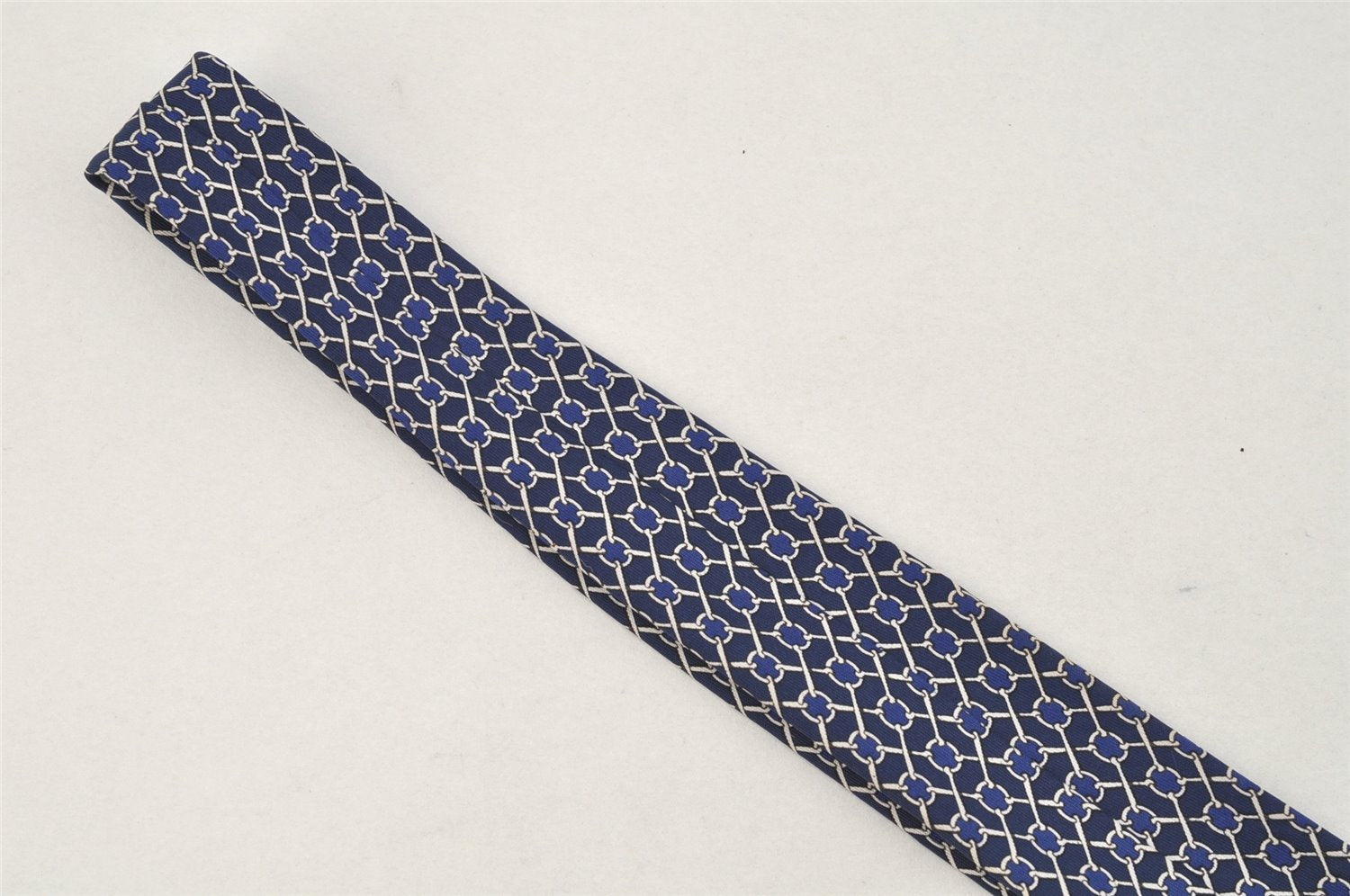 Authentic HERMES Vintage Tie Necktie Chain Pattern Silk 990SA Navy Blue 1399I