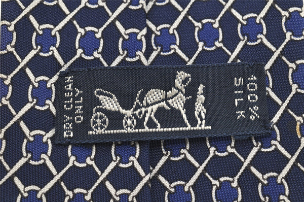 Authentic HERMES Vintage Tie Necktie Chain Pattern Silk 990SA Navy Blue 1399I