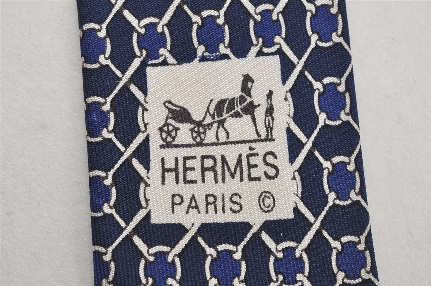 Authentic HERMES Vintage Tie Necktie Chain Pattern Silk 990SA Navy Blue 1399I